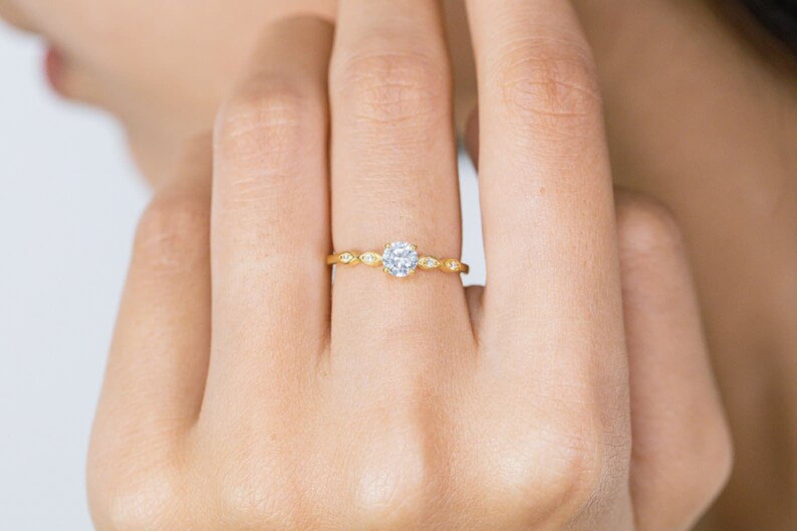 5mm Round Moissanite Engagement Ring, Marquise Set Promise Ring, Diamond Wedding Ring, Bridal Anniversary Ring